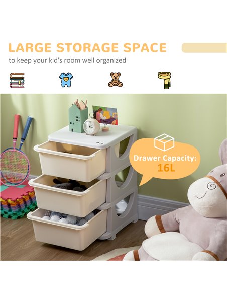ZONEKIZ Kids Storage Units with Drawers 3 Tier Chest Vertical Dresser Tower Toy Organiser for  Nursery Playroom Kindergarten Whi - pic 6944 | FastDaddyshop