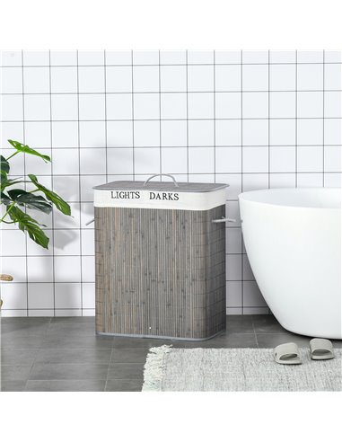 HOMCOM 100L Laundry Basket with Flip Lid String Handles, 2 Section Collapsible Hamper Removable Lining Foldable Water-Resistant 