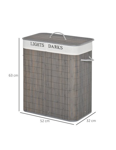 HOMCOM 100L Laundry Basket with Flip Lid String Handles, 2 Section Collapsible Hamper Removable Lining Foldable Water-Resistant 