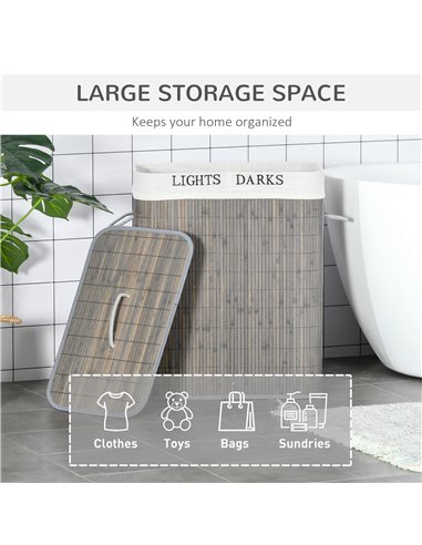 HOMCOM 100L Laundry Basket with Flip Lid String Handles, 2 Section Collapsible Hamper Removable Lining Foldable Water-Resistant 