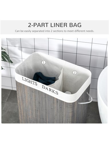 HOMCOM 100L Laundry Basket with Flip Lid String Handles, 2 Section Collapsible Hamper Removable Lining Foldable Water-Resistant 