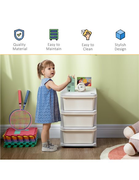 ZONEKIZ Kids Storage Units with Drawers 3 Tier Chest Vertical Dresser Tower Toy Organiser for  Nursery Playroom Kindergarten Whi - pic 6947 | FastDaddyshop