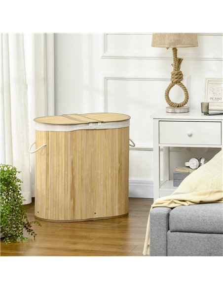 HOMCOM Bamboo Laundry Basket with Lid, 100 Litres Laundry Hamper with 2 Sections Removable Washable Lining Washing Baskets 62.5  - pic 69470 | FastDaddyshop