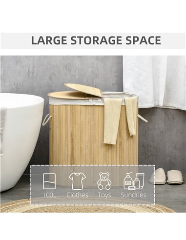 HOMCOM Bamboo Laundry Basket with Lid, 100 Litres Laundry Hamper with 2 Sections Removable Washable Lining Washing Baskets 62.5 