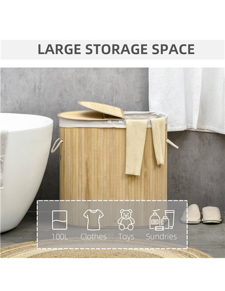 HOMCOM Bamboo Laundry Basket with Lid, 100 Litres Laundry Hamper with 2 Sections Removable Washable Lining Washing Baskets 62.5  - pic 69472 | FastDaddyshop