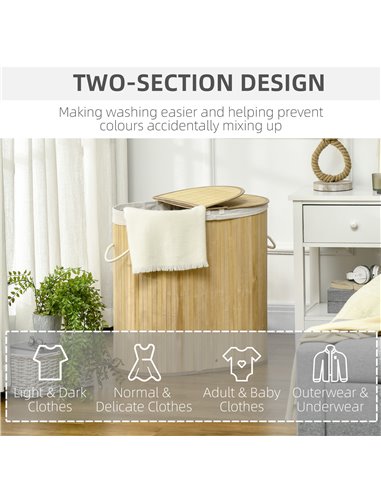 HOMCOM Bamboo Laundry Basket with Lid, 100 Litres Laundry Hamper with 2 Sections Removable Washable Lining Washing Baskets 62.5 