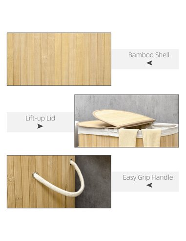 HOMCOM Bamboo Laundry Basket with Lid, 100 Litres Laundry Hamper with 2 Sections Removable Washable Lining Washing Baskets 62.5 
