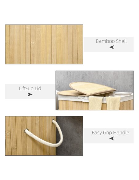 HOMCOM Bamboo Laundry Basket with Lid, 100 Litres Laundry Hamper with 2 Sections Removable Washable Lining Washing Baskets 62.5  - pic 69475 | FastDaddyshop