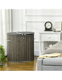 HOMCOM Bamboo Laundry Hamper 100L with Lid, Dual Compartment Clothes Basket with Removable Liner, Grey 850-220V00GY 2