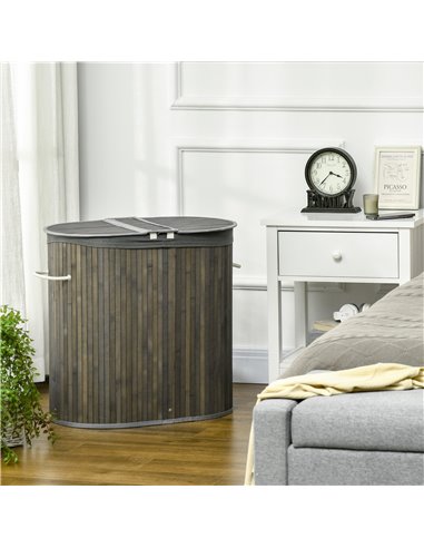 HOMCOM Bamboo Laundry Hamper 100L with Lid, Dual Compartment Clothes Basket with Removable Liner, Grey 850-220V00GY