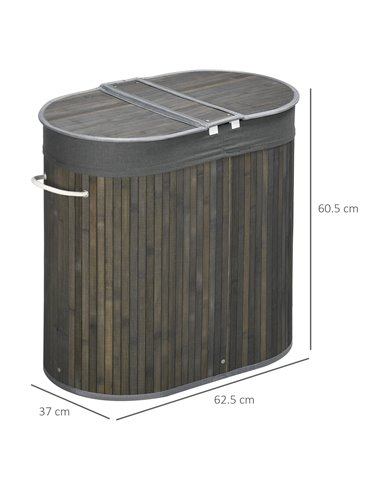 HOMCOM Bamboo Laundry Hamper 100L with Lid, Dual Compartment Clothes Basket with Removable Liner, Grey 850-220V00GY