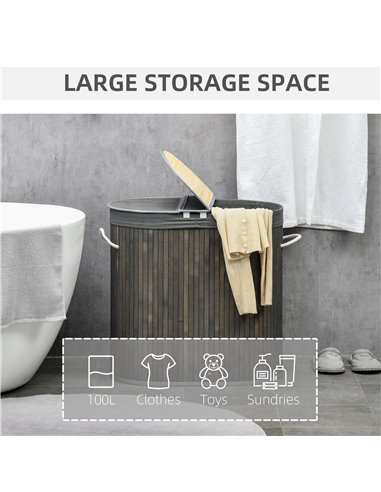 HOMCOM Bamboo Laundry Hamper 100L with Lid, Dual Compartment Clothes Basket with Removable Liner, Grey 850-220V00GY