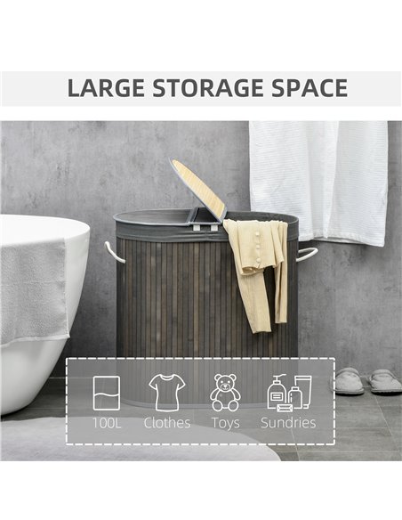 HOMCOM Bamboo Laundry Hamper 100L with Lid, Dual Compartment Clothes Basket with Removable Liner, Grey 850-220V00GY - pic 69481 | FastDaddyshop