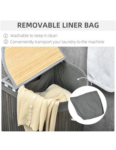 HOMCOM Bamboo Laundry Hamper 100L with Lid, Dual Compartment Clothes Basket with Removable Liner, Grey 850-220V00GY