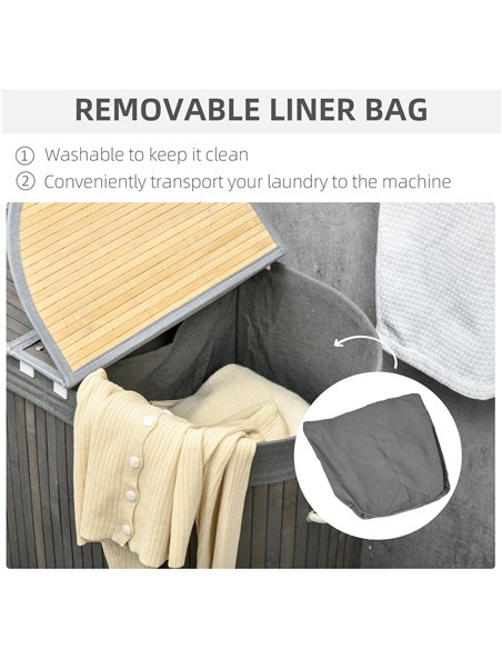 HOMCOM Bamboo Laundry Hamper 100L with Lid, Dual Compartment Clothes Basket with Removable Liner, Grey 850-220V00GY - pic 69482 | FastDaddyshop