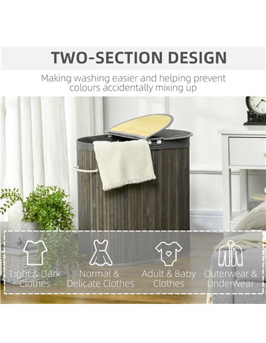 HOMCOM Bamboo Laundry Hamper 100L with Lid, Dual Compartment Clothes Basket with Removable Liner, Grey 850-220V00GY