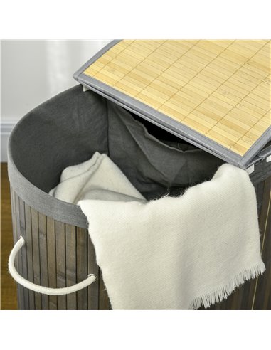 HOMCOM Bamboo Laundry Hamper 100L with Lid, Dual Compartment Clothes Basket with Removable Liner, Grey 850-220V00GY