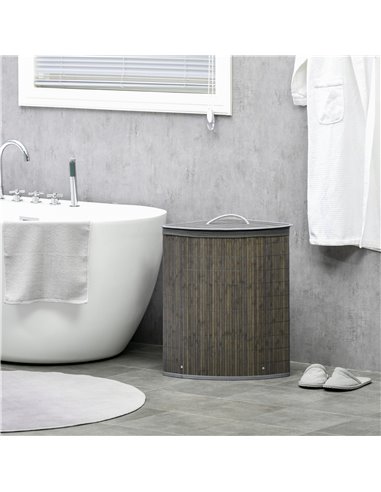 HOMCOM Bamboo Laundry Basket, 55L Corner Hamper with Lid, Removable Liner, Washing Basket, 38 x 38 x 57cm, Grey 850-218V00GY