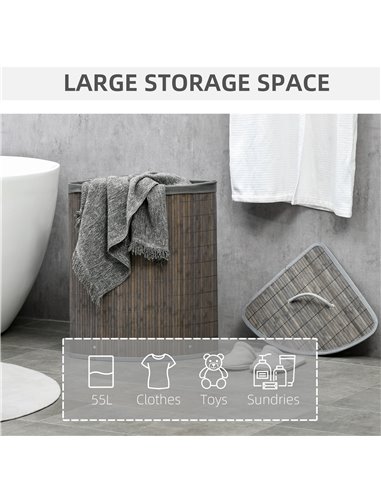 HOMCOM Bamboo Laundry Basket, 55L Corner Hamper with Lid, Removable Liner, Washing Basket, 38 x 38 x 57cm, Grey 850-218V00GY