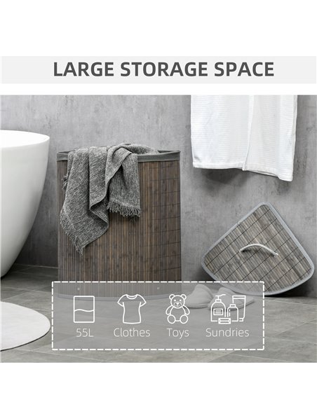 HOMCOM Bamboo Laundry Basket, 55L Corner Hamper with Lid, Removable Liner, Washing Basket, 38 x 38 x 57cm, Grey 850-218V00GY - pic 69490 | FastDaddyshop