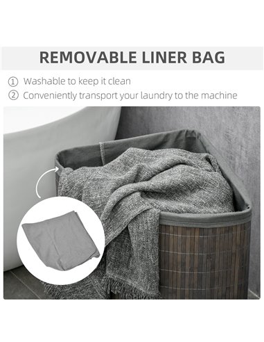 HOMCOM Bamboo Laundry Basket, 55L Corner Hamper with Lid, Removable Liner, Washing Basket, 38 x 38 x 57cm, Grey 850-218V00GY