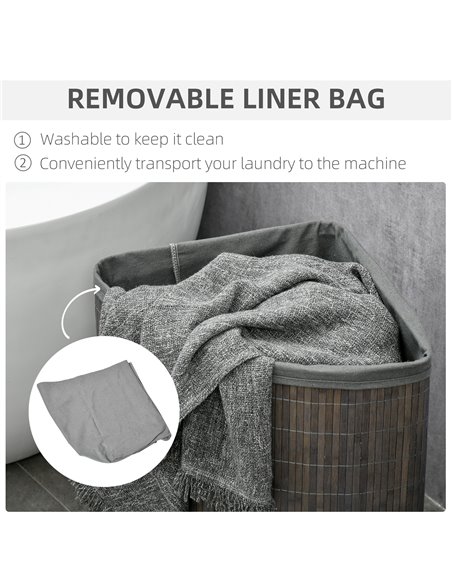 HOMCOM Bamboo Laundry Basket, 55L Corner Hamper with Lid, Removable Liner, Washing Basket, 38 x 38 x 57cm, Grey 850-218V00GY - pic 69491 | FastDaddyshop