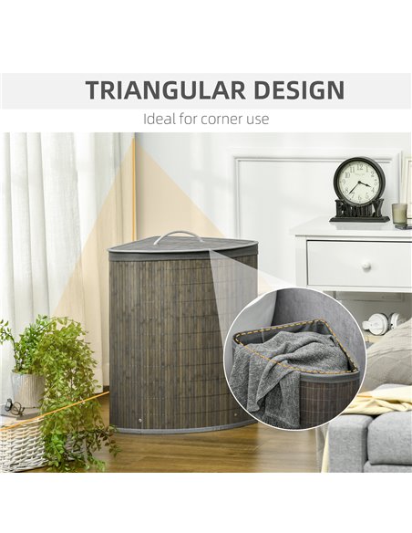 HOMCOM Bamboo Laundry Basket, 55L Corner Hamper with Lid, Removable Liner, Washing Basket, 38 x 38 x 57cm, Grey 850-218V00GY - pic 69493 | FastDaddyshop