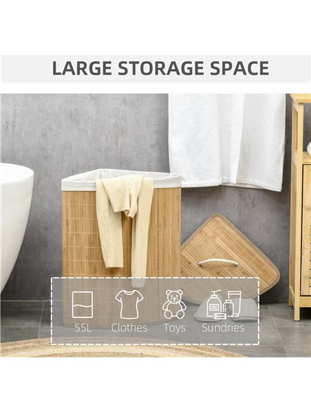 HOMCOM Bamboo Laundry Basket with Lid, 55 Litres Laundry Hamper with Removable Washable Lining,  Corner Washing Baskets, 38 x 38 - pic 69499 | FastDaddyshop