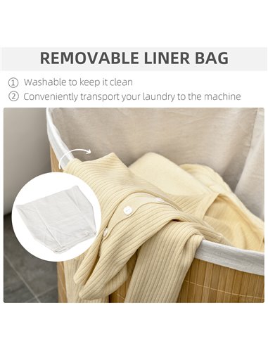 HOMCOM Bamboo Laundry Basket with Lid, 55 Litres Laundry Hamper with Removable Washable Lining,  Corner Washing Baskets, 38 x 38
