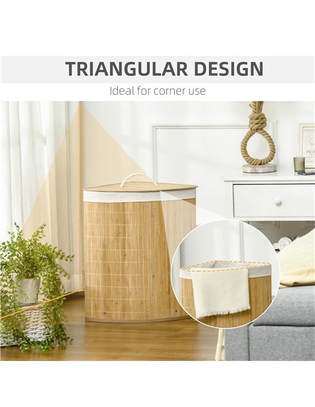 HOMCOM Bamboo Laundry Basket with Lid, 55 Litres Laundry Hamper with Removable Washable Lining,  Corner Washing Baskets, 38 x 38 - pic 69502 | FastDaddyshop