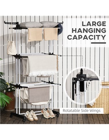 HOMCOM Foldable Clothes Drying Rack, 4-Tier Steel Garment Laundry Rack with Castors for Indoor and Outdoor Use, Black 850-208V00