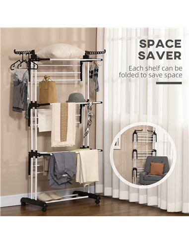HOMCOM Foldable Clothes Drying Rack, 4-Tier Steel Garment Laundry Rack with Castors for Indoor and Outdoor Use, Black 850-208V00