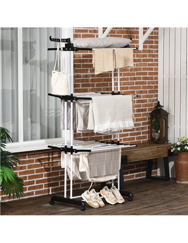 HOMCOM Foldable Clothes Drying Rack, 4-Tier Steel Garment Laundry Rack with Castors for Indoor and Outdoor Use, Black 850-208V00