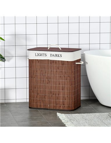HOMCOM Laundry Basket 100L with Lid, Dual Section, Collapsible Hamper, Removable Liner, Water-Resistant, for Clothes Storage, Br
