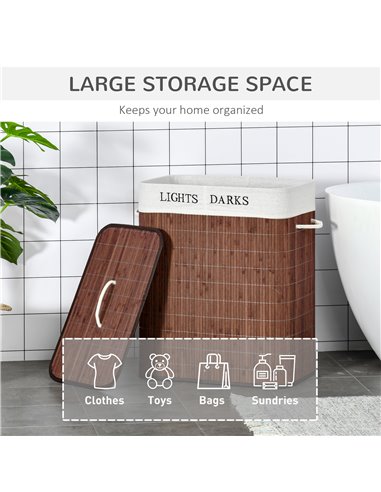HOMCOM Laundry Basket 100L with Lid, Dual Section, Collapsible Hamper, Removable Liner, Water-Resistant, for Clothes Storage, Br