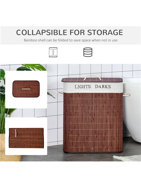 HOMCOM Laundry Basket 100L with Lid, Dual Section, Collapsible Hamper, Removable Liner, Water-Resistant, for Clothes Storage, Br - pic 69518 | FastDaddyshop