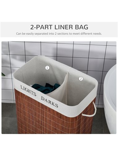 HOMCOM Laundry Basket 100L with Lid, Dual Section, Collapsible Hamper, Removable Liner, Water-Resistant, for Clothes Storage, Br