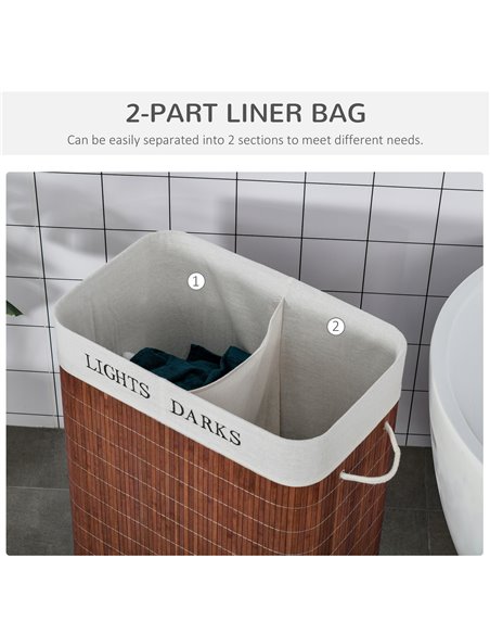 HOMCOM Laundry Basket 100L with Lid, Dual Section, Collapsible Hamper, Removable Liner, Water-Resistant, for Clothes Storage, Br - pic 69519 | FastDaddyshop