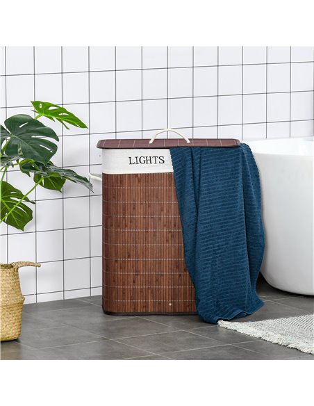 HOMCOM Laundry Basket 100L with Lid, Dual Section, Collapsible Hamper, Removable Liner, Water-Resistant, for Clothes Storage, Br - pic 69521 | FastDaddyshop