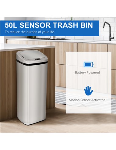 HOMCOM 50L Infrared Touchless Automatic Motion Sensor Dustbin Stainless Steel Trash Can Home Office 851-004