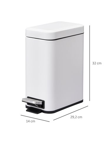 HOMCOM 5L Rectangular Compact Bin Steel Body Removable Bucket Quiet-Close Lid w/ Pedal Lid Rubbish Trash Can Garbage Tidy Clean 