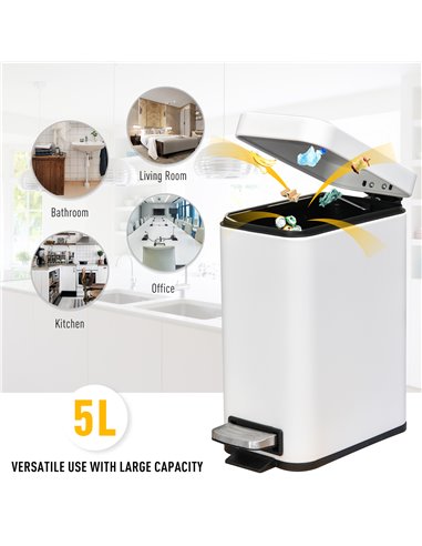 HOMCOM 5L Rectangular Compact Bin Steel Body Removable Bucket Quiet-Close Lid w/ Pedal Lid Rubbish Trash Can Garbage Tidy Clean 