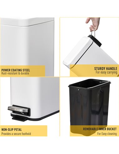 HOMCOM 5L Rectangular Compact Bin Steel Body Removable Bucket Quiet-Close Lid w/ Pedal Lid Rubbish Trash Can Garbage Tidy Clean 