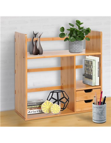 HOMCOM Desk Organiser, Bamboo Desktop Bookshelf with 2 Drawers and Stationery Storage, Reversible Use 920-044