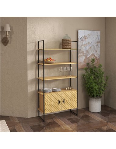 HOMCOM Industrial Bookshelf 4-Tier Shelving with Double Door Cabinet and Metal Frame for Living Room, Bedroom, Oak Tone 838-383V