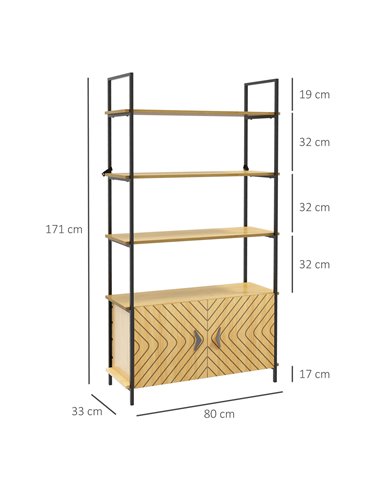 HOMCOM Industrial Bookshelf 4-Tier Shelving with Double Door Cabinet and Metal Frame for Living Room, Bedroom, Oak Tone 838-383V
