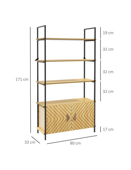 HOMCOM Industrial Bookshelf 4-Tier Shelving with Double Door Cabinet and Metal Frame for Living Room, Bedroom, Oak Tone 838-383V - pic 69606 | FastDaddyshop