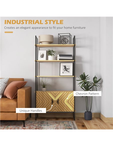 HOMCOM Industrial Bookshelf 4-Tier Shelving with Double Door Cabinet and Metal Frame for Living Room, Bedroom, Oak Tone 838-383V - pic 69607 | FastDaddyshop