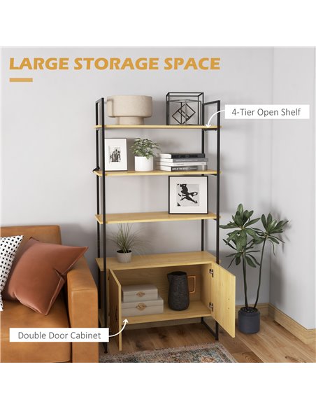 HOMCOM Industrial Bookshelf 4-Tier Shelving with Double Door Cabinet and Metal Frame for Living Room, Bedroom, Oak Tone 838-383V - pic 69608 | FastDaddyshop