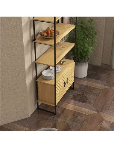 HOMCOM Industrial Bookshelf 4-Tier Shelving with Double Door Cabinet and Metal Frame for Living Room, Bedroom, Oak Tone 838-383V
